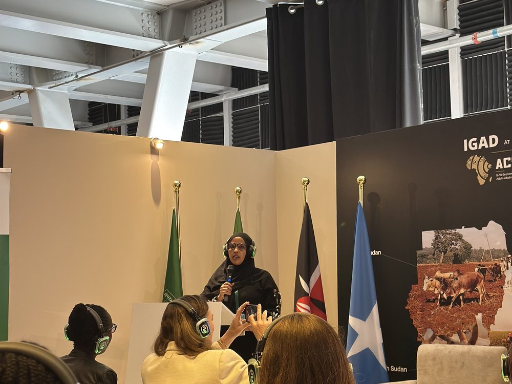 Safia Mohamed Sheikh addressing the room at the IGAD pavilion, Africa Climate Summit II