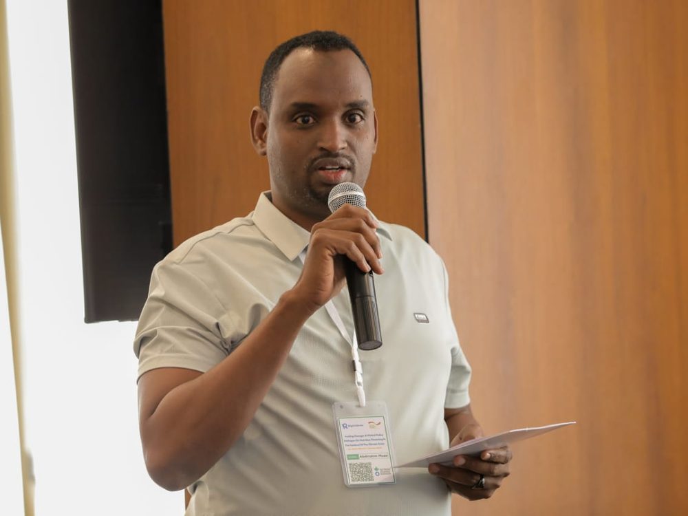 Abdirahim Musa speaking at the global policy dialogue on nutrition financing in Addis Ababa