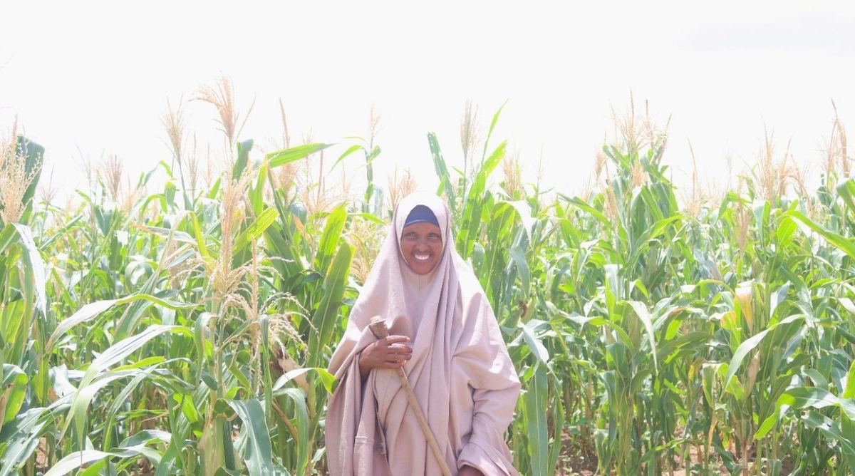 Hawa Abdiladif Adan standing in her farm at Shimbirole East